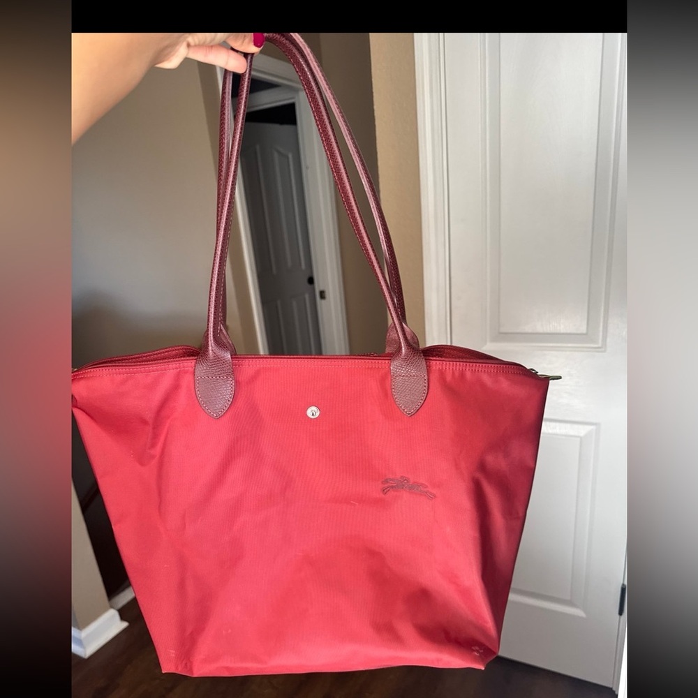 Large nylon Le Pilage Longchamp color: Wine Red with Red Leather